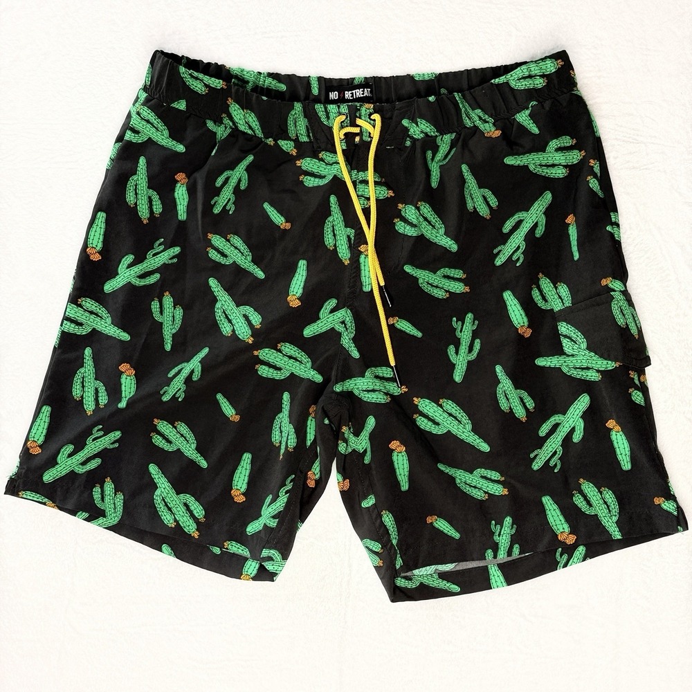 No Retreat Cactus Swim Trunks Mens L Black Green Southwestern Desert 8 Inseam